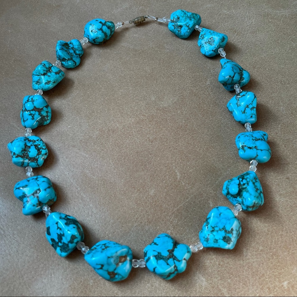 Turquoise chunky rock stone beaded vintage necklace blue coastal beach